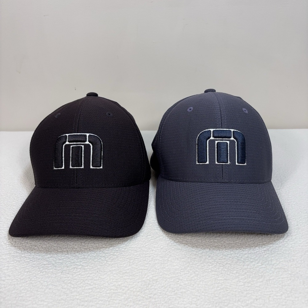 Lot of 2 Travis Mathew Logo Hat Men's S-M Blue Gray/Black FlexFit Golf Cap